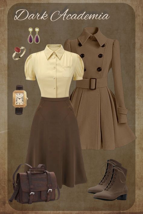 Dark Academia Chic Outfit, Elegant Dark Academia Outfit, Classy Aesthetic Vintage Outfit, Elegant Academia Outfits, Dark Academia Outfit Vintage, Vintage Female Outfits, Old Fashion Outfits Vintage, Drama Teacher Outfit, Vintage Dress To Impress