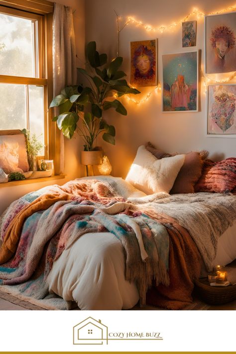 Exclusive Fresh cozy Boho Bedroom Ideas: Ultimate Guide 2024 - Cozy Home Buzz Uses For Wooden Crates, Cozy Boho Bedroom Ideas, Bedroom Inspo Cozy, Cozy Boho Bedroom, Fresh Home Decor, Creative Home Decor Ideas, Boho Mirror, Colorful Bedroom, Boho Bedroom Ideas