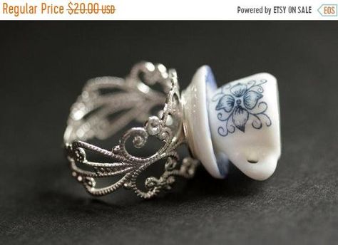 Teacup Ring, Teapot Jewelry, Teapot Necklace, Blue Tea Cup, Teapots Unique, Cool Rings, Feminine Jewelry, Clay Inspo, China Teacup