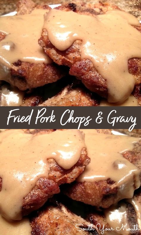 Fried Pork Chops & Country Gravy! A Southern-style recipe for perfectly cooked country fried pork chops with velvety homemade pan gravy. Fried Pork Chops And Gravy, Best Fried Pork Chops, Pork Chops Fried, Fried Boneless Pork Chops, Country Fried Pork Chops, Southern Fried Pork Chops, Fried Pork Chop Recipes, Southern Foods, Pork Gravy