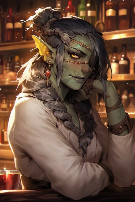 Dnd Bar Maiden, Herbalist Fantasy Art, Orcs Character Design, Npc Ideas Dnd, Fantasy Npc Art, Dnd Female Half Orc, Dnd Half Dragon, Female Orc Character Design, Half Orc Character Design