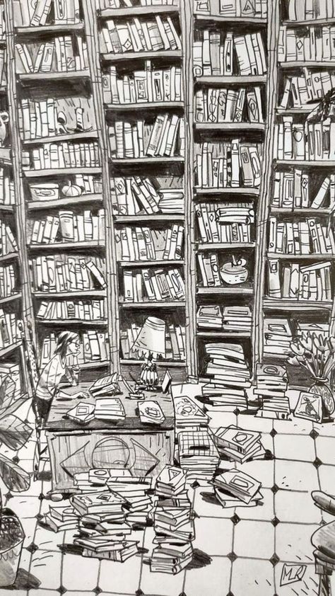 Book Case Drawing, Library Perspective Drawing, Library Drawing Sketches, Foliage Reference, Bookshelf Drawing, Shelf Drawing, Fairies Mythology, Line Art Patterns, Library Drawing