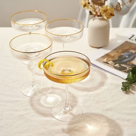 Classic Manhattan Glasses For Cocktails, Champagne Coupe, Ripple Coupe Glasses, Art Deco Gatsby Vintage, Crystal with Stems October Photoshoot, Glasses With Gold Rim, Sidecar Cocktail, Gold Rimmed Glasses, Champagne Martini, Glasses Art, Old Fashioned Drink, Wine Tasting Events, Birthday Dinner Party