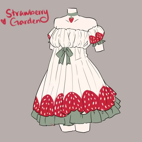 Strawberry Garden Dress Digital Outfits, Strawberry Garden, Clothing Sketches, Dress Design Drawing, Art Outfits, Garden Dress, Drawing Anime Clothes, Clothing Design Sketches, Dress Design Sketches