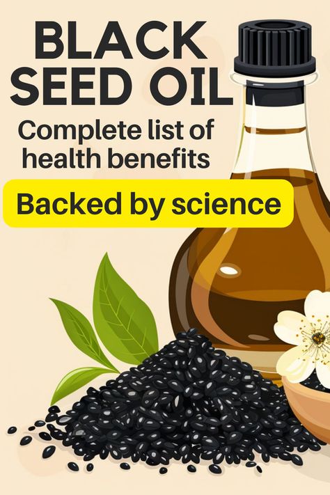 Bottle of black seed oil. Text reads: Black seed oil. Complete list of health benefits. Backed by science. Black Cumin Seed Oil Benefits, Oil Benefits For Skin, Black Seed Oil Benefits, Benefits Of Black Seed, Black Cumin Seed Oil, Black Cumin Seed, Seeds Benefits, Autoimmune Diet, Skin And Hair Care