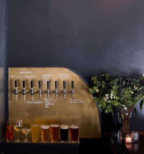 Brass drink taps + brass backsplash at the home bar + black walls + beer taps in the home + chic modern home bar | Jane Beiles Beer Design Ideas, Brass Backsplash, Beer Bar Ideas, Tea Store Design, Craft Beer Shop, Bar Restaurant Interior, Brewery Design, Beer Wall, Bar Tap