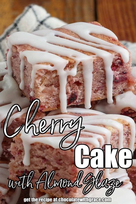 Cherry Cake Recipe From Scratch, Berry Dishes, Cherry Almond Cake, Cherry Chip Cake, Cherry And Almond Cake, Cake Poke, Cherry Cake Recipe, Almond Glaze, Cake Sheet