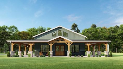 3-Bedroom One-Story Rustic Barn Style Farmhouse With 3-Side Wraparound Porch(Floor Plan) Vaulted Porch Ceiling Covered Patios, Farmhouse Open Floor Plan, Metal Building Homes Cost, Rustic Farmhouse Plans, Pre Engineered Metal Buildings, Metal House Plans, Barn Homes Floor Plans, Wraparound Porch, Timber Homes