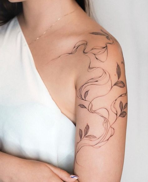 Flowy Arm Tattoo, Abstract Vine Tattoo, Squiggle Line Tattoo, Flowy Shoulder Tattoo, Flowy Botanical Tattoo, Whispy Tattoo, Vine Arm Sleeve, Shoulder Back Tattoos For Women, Pretty Arm Tattoos For Women