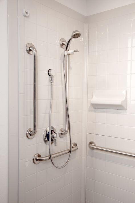 Standard Symmons Valve Package For The Best Bath Shower System. Complete With Slider, Grab Bars and Handheld With Hose. Shower Grab Bar, Grab Bars In Bathroom, Bar Inspiration, Accessible Bathroom, Shower Fixtures, Grab Bar, In Bathroom, Grab Bars, Bathroom Layout