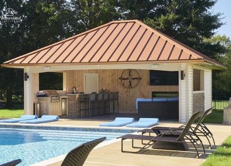 Pool House With Bar, Pool House Ideas Backyards, Small Pool Houses, Backyard Pool House, Pool House Shed, Pool Gazebo, Pool House Ideas, Pool Shed, Pool House Designs