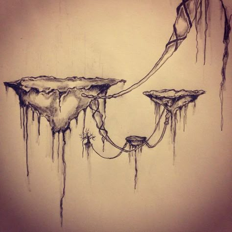 Floating Land Drawing, Floating Rock Tattoo, Floating Objects Drawing, Floating Mountains Drawing, Floating City Drawing, Floating Island Sketch, Floating Island Tattoo, Island Drawing Simple, Floating Island Drawing