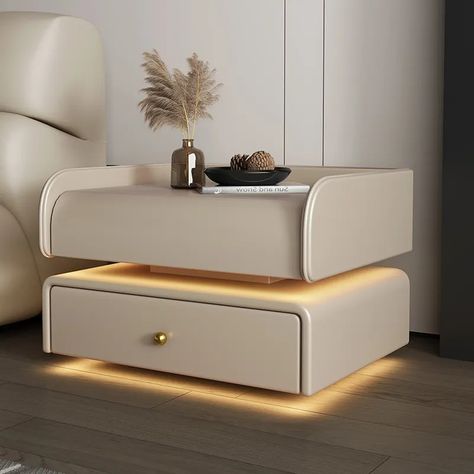 Bed Side Box Design Modern, Side Tables Unique, Unique Side Table Design, Aesthetic Side Table Ideas, Luxury Side Tables Bedroom, Bed Side Table Design Modern Luxury, Side Box For Bed, Side Table With Bed, Bed Side Drawers Design