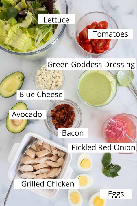 This copycat recipe for Panera Green Goddess Salad with lean chicken breast and crispy bacon and is topped with Panera's signature pickled onions and famous green goddess salad dressing for the most delicious cobb salad ever.   It's a low carb, high protein, perfect for meal prep lunch or dinner that you can make right at home! Green Goddess Cobb Salad Panera Copycat, High Protein Cobb Salad, Green Goddess Panera Copycat, Green Goddess Salad Panera, Panera Greek Salad Recipe, Panera Green Goddess Dressing, Panera Green Goddess Salad, Green Goddess Cobb Salad, Homemade Salads Recipes