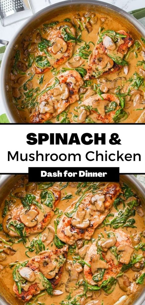 If you're searching for a satisfying and easy dinner idea that is both delicious and keto-friendly, look no further than this Creamy Chicken and Spinach skillet dinner! This quick and simple dinner recipe only takes about 35 minutes to make and is full of flavourful ingredients. With a creamy sauce, juicy chicken breast, and fresh spinach, this dinner is sure to be a hit with the whole family. Dinner Recipes Using Spinach, Spinach Sauce For Chicken, Chicken Mushroom And Spinach Recipes, Chicken Spinach Mushroom Recipes, Chicken Spinach Mushroom Low Carb, Chicken Mushrooms Spinach Recipes, Chicken Spinach And Mushroom Recipes, Chicken Mushroom Spinach Recipes, Chicken Breast Spinach Mushroom