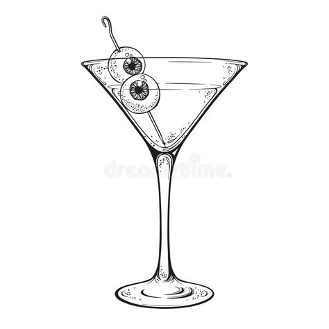 Martini Glass Sketch, Drink Spilling Drawing, Martini Tattoo Design, Cocktail Line Art, Martini Glass Illustration, Cocktail Tattoo Design, Halloween Martini Glasses, Cocktail Glass Drawing, Eyeball Cocktail