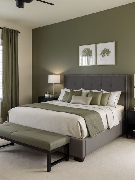 Simple Bedroom Color Schemes, Grey Green Bedrooms, Room Color Ideas Bedroom, Bedrooms Inspiration, Green Bedroom Walls, Taupe Bedroom, Apartment Simple, Green Bedroom Decor, Room Color Combination