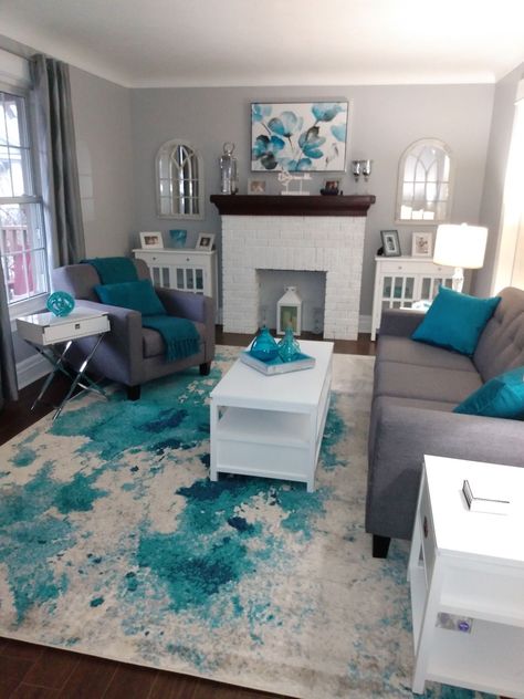 Teal Grey White Living Room, Teal Gray And White Living Room, Teal Grey And White Living Room, Turquoise And Grey Living Room Ideas, Gray And Sky Blue Living Room, Teal Gray Black White Living Room, Turquoise And White Living Room, Home Decor With Teal Accents, Light Grey And Teal Living Room