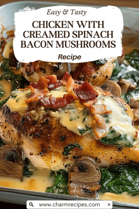 How to Make Chicken with Creamed Spinach Bacon Mushrooms Chicken Spinach Mushroom Recipes, Mushroom Spinach Chicken, Spinach Mushroom Chicken, Chicken With Spinach And Mushrooms, Chicken Mushroom Spinach, Chicken With Creamed Spinach, Ceviche Tostada, Chicken Spinach Mushroom, Spinach Stuffed Chicken Breast Recipes