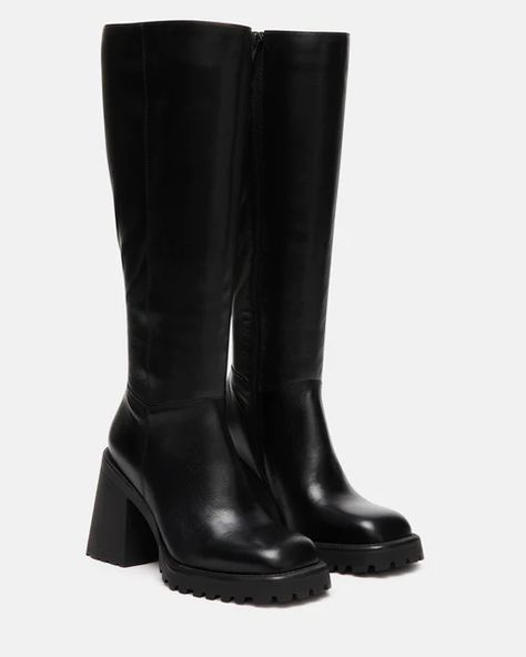 VIOLET Black Leather Knee High Block Heel Boot | Women's Boots – Steve Madden Knee High Leather Black Boots, Steve Madden Leather Boots, Black Trendy Boots, All Leather Outfit Women, Colure Pallet, Black Fall Boots, Trendy Winter Shoes, Going Out Boots, Black Boots Knee High