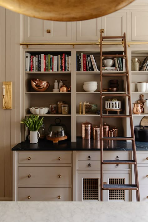 Bookshelf In Kitchen, Kitchen Ladder, Cottage Vibes, Chris Loves Julia, Butlers Pantry, Kitchen Farmhouse, Countertop Materials, Modern Farmhouse Kitchens, Ikea Kitchen