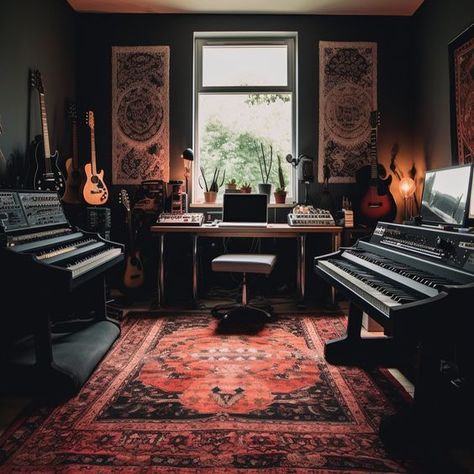 Music Studio Guest Room, Music Room Design Modern, Dark Recording Studio, Gothic Music Studio, Dark Music Room Aesthetic, Music Studio Apartment Ideas, Bedroom With Music Studio, Recording Studio Aesthetic Vintage, Vibey Music Studio