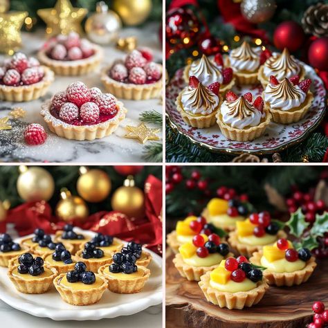 Enjoy these 20 Christmas Mini Fruit Tarts. Perfect for any holiday gathering, these bite-sized treats are colorful. Homemade Fruit Tarts, Christmas Petit Four Ideas, Christmas Mini Tarts Desserts, Christmas Mini Tart Recipes, Christmas Mini Pies, Winter Tarts Dessert, Mini Christmas Desserts Bite Size, Mini Desserts For Christmas, Christmas Tarts Mini