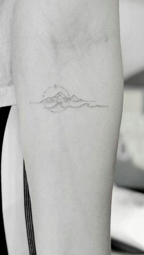 Woods And Ocean Tattoo, Unique Elegant Tattoos, Contrast Tattoo Negative Space, Mountain And Sea Tattoo Simple, Mountain To Sea Tattoo, Delicate Mountain Tattoo, Bluebird In My Heart Tattoo, Montain Tattoo Designs, Mountain Wave Tattoo