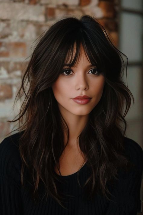 Haircuts For Long Hair Fringe, Long Bob Haircuts Dark Hair, Medium Long Length Hair With Layers And Bangs, Long Bardot Bangs, Layered Haircut With Fringe Bangs, Fringe Hairstyles Brunettes, Balayage For Dark Brown Hair Bangs, Chunky Layers With Bangs, Jenna Ortega Shag