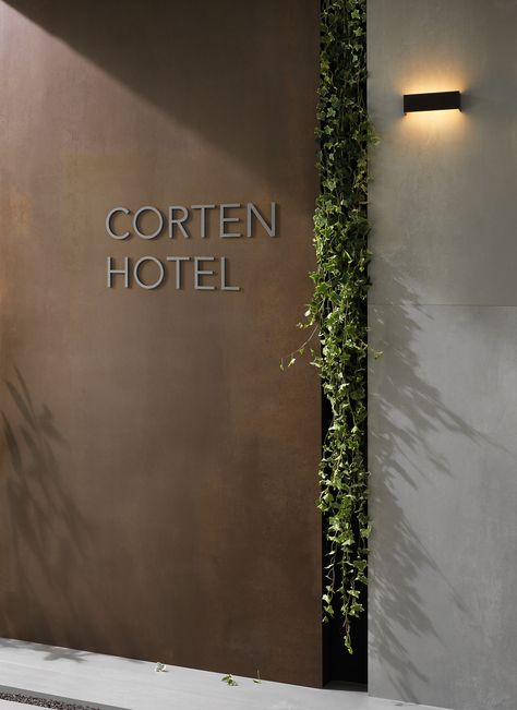 Garden Wall Designs, Hotel Entrance, Hanging Vases, Modern Restaurant, Lobby Design, Wayfinding Signage, Corten Steel, Signage Design, Living Wall