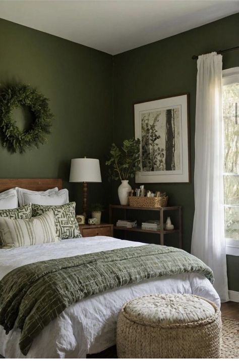 Green Brown Beige Bedroom, House Interior Natural Colors, Boho Bedroom Dark Green, Medium Green Bedroom, Green Forest Bedroom Ideas, Bedroom Olive Green Walls, Green Paint In Bedroom, Earthy Guest Bedroom, Good Bedroom Paint Colors