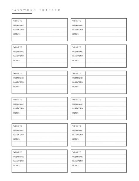 Goodnotes Password Template, Organization Templates Printable, Bujo Password Page, Journal Worksheets Free Printable, Printable Lists Free, Password Tracker Template, Printable Organization Sheets Free, Tracker Template Free Printables, Order Tracker Printable Free