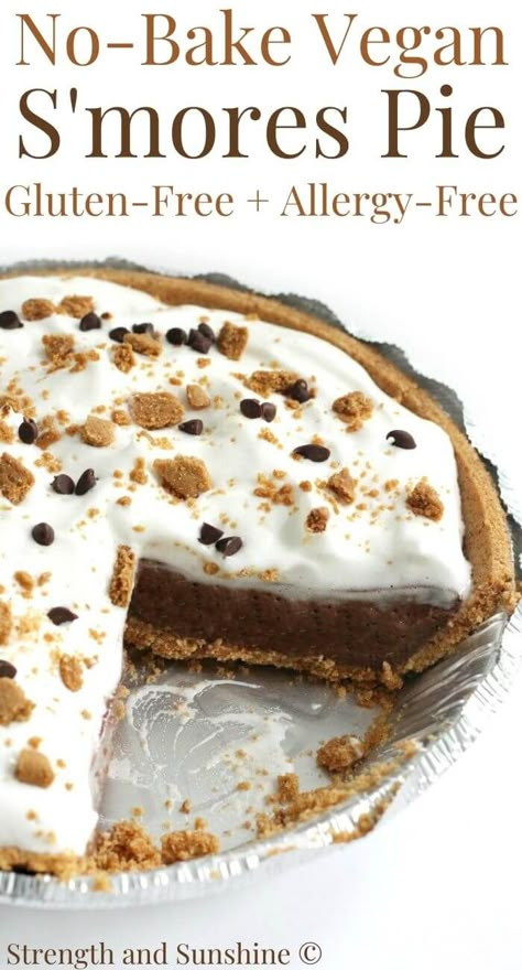 No-Bake Vegan S'mores Pie (Gluten-Free, Allergy-Free) | Strength and Sunshine | This easy no-bake Vegan S'mores Pie is made with a gluten-free graham cracker crust, a rich dairy-free chocolate pudding, and topped with homemade marshmallow fluff! This allergy-free, low sugar, & kid-friendly summer dessert recipe is the way to have your s'more without the campfire! #smores #smorespie #nobakedessert #puddingpie #nobakepie #vegansmores #glutenfreesmores #chocolatedessert #summerrecipes Gluten Free Graham Cracker Crust, Gluten Free Smores, Vegan Smores, Dairy Free Pies, Homemade Marshmallow Fluff, Campfire Smores, Gluten Free Graham Crackers, Homemade Marshmallow, Dairy Free Desserts