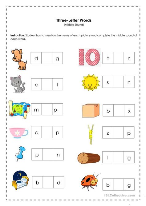 Three-letter Words (Middle Sound) - English ESL Worksheets for distance learning and physical classrooms A Sound Three Letter Words Worksheet, English 3 Letter Words Worksheets, Middle Sound Worksheets For Kindergarten, Three Letter Words For Kids, 3 Letter Words Worksheets, Three Letter Words Worksheets, Middle Sounds Worksheet, Mango Images, Teaching Letter Sounds