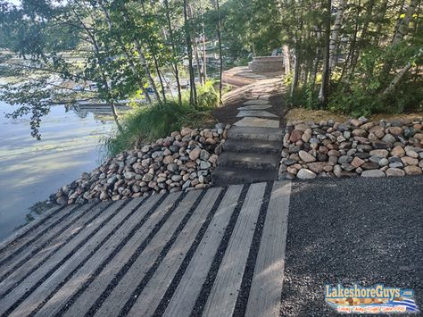 Riprap Shoreline, Shoreline Restoration, Side Patio Ideas, Shoreline Ideas, Lake Backyard, Lake House Dock, Staircase Construction, Pond Building, Kayak Launch