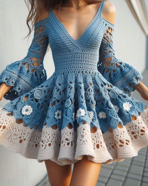 Crochet Women's Fashion / Crochet Long Sleeves Dresses For Women Unique Christmas Crochet Dress Design Ideas 2023 Trending Crochet Patterns, Wedding Crochet, Retro Crochet, Crochet Outfits, Floral Long Sleeve Dress, Simple Crochet, Crochet Design Pattern, Crochet Clothing And Accessories, Crochet Vintage