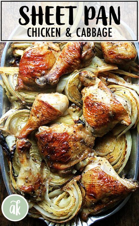 This is one of my all-time favorite sheet pan suppers: chicken and cabbage. The chicken and cabbage are tossed with a mix of sesame oil, soy sauce, rice vinegar, coconut oil and Sriracha. The chicken gets golden and crisp; the cabbage gets caramelized and sweet... it's all so good. #sheetpansupper #chicken #chickendinner #cabbage #sheetpan #dinner Sheet Pan Suppers Chicken, Sheet Pan Suppers Recipes, Coconut Kale, Sheet Pan Supper, Sugar Free Diet Plan, Healthy Meals Easy, Recipes Cabbage, Pan Roast, Soy Sauce Rice