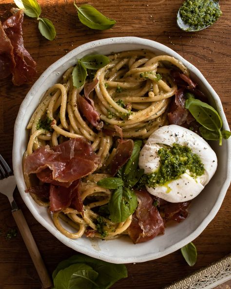 Pasta Dishes With Burrata, Burrata Prosciutto Pasta, Pesto And Burrata Pasta, Pasta Recipes With Burrata, Pasta Recipes Burrata, Impressive Pasta Dishes, Rustic Pasta Recipes, Pasta With Buratta, Buratta Pasta Recipe