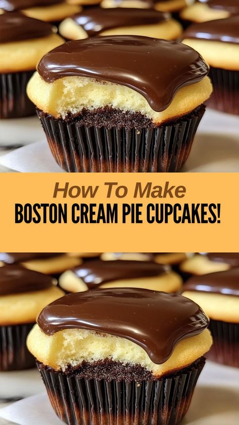 Ingredients: For Cupcakes: 6 tbsp unsalted butter, room temperature 3/4 cup sugar... Cream Pie Cupcakes, Pastry Filling, Boston Cream Pie Cupcakes, Cool Whip Frosting, Pastry Cream Filling, Moist Vanilla Cake, Pie Cupcakes, Holiday Desserts Table, Whipped Frosting