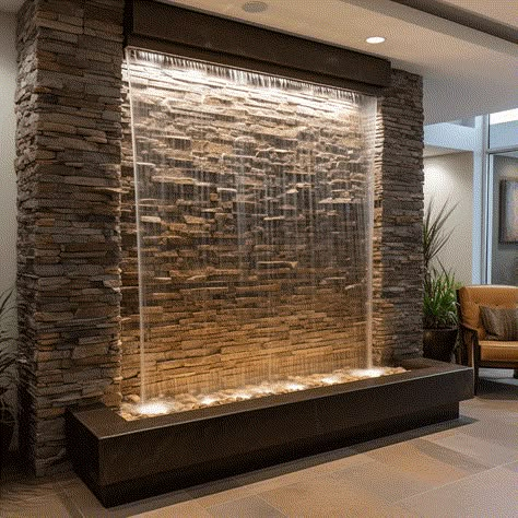 Interior Waterfall Design, Wall Water Features In The Garden, Waterfall In House Living Rooms, Diy Water Feature Indoor, Outdoor Wall Fountains Modern, Fountain Wall Design, Interior Waterfall Wall, Outdoor Fountain Ideas Water Walls, Home Waterfall Indoor Wall Fountains