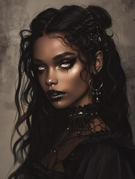 #aiart #goth #theblackravens Dark Mysterious Makeup, Black Female Vampire Art, Vampire Aesthetic Black Woman, Black Vampire Woman, Goth Makeup Brown Skin, Vampire Faceclaim, Vampire Black Woman, Dark Skin Vampire, Gothic Glam Makeup