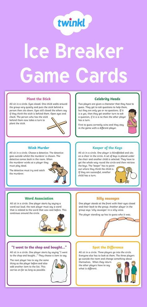 Use these fantastic game cards to help break the ice for a new class. With twelve different suggested games to play, this brilliant resource is a sure fire way to get your class working together and having fun in no time. Sign up to Twinkl to download this resource.   #classroom #classroommanagement #icebreaker #games #newclass #teacher #teach #school #education #children #twinkl #twinklresources #teachingresources Interactive Ice Breaker Games, Icebreakers For Elementary Students, 1st Grade Ice Breakers, Fun Games To Play In Classroom, Games To Play In Groups, Breaking The Ice Games, Kids Icebreaker Games, I’ve Breaker Games, Esl Games For The Classroom