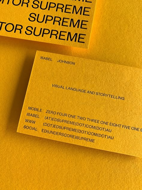 Ed Supreme – Hungry Workshop Colorplan Paper, Typographic Layout, Yellow Business Card, Buisness Cards, Beautiful Business Card, Bold Aesthetic, Modern Business Cards Design, Letterpress Business Cards, Presentation Cards