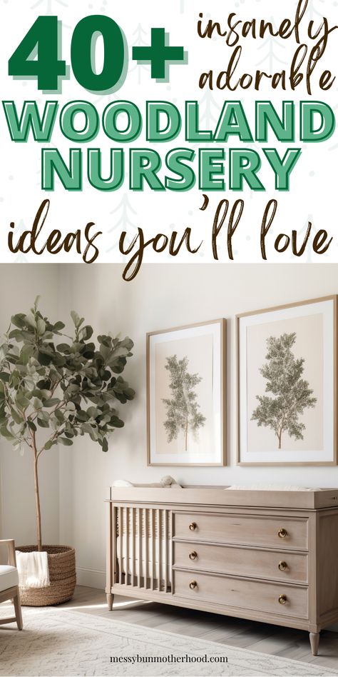 woodland nursery ideas Pine Green Nursery, Neutral Nursery With Green, Wooded Theme Nursery, Gender Neutral Nature Nursery, Cute Gender Neutral Nursery, Sage Woodland Nursery, Woodlands Baby Nursery, Tree Themed Nursery, Forest Baby Boy Nursery