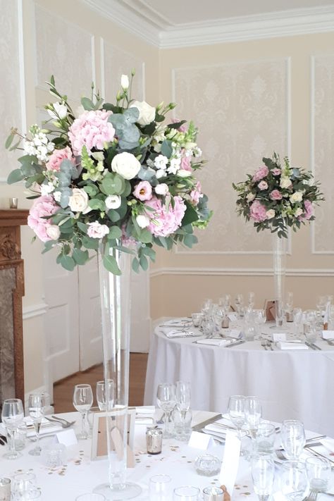 Wedding Carnations Centerpieces, White Pink Flower Arrangements, Tall Vase Flower Arrangements Wedding, Tall Flower Arrangements Wedding, Pink And White Flower Arrangements, Pink And White Wedding Decor, Tall Vase Flower Arrangements, Tall Vase Wedding Centerpieces, Eastington Park