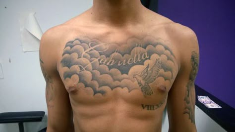 Man With Clouds Tattoo On Chest Chest Tattoo Clouds, Cloud Tattoos, Dope Drawings, Cloud Tattoo Design, Tattoos About Growth, Magic Tattoo Ideas, Full Chest Tattoos, Tattoos Dainty, Tattoos With Deep Meaning