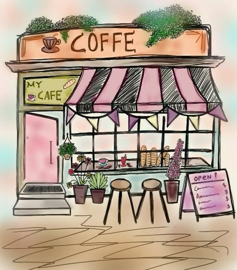 Cafe Drawing Aesthetic, Coffee Shop Sketch, Coffee Shop Drawing, Mountain Drawing, City Drawing, Cafe Art, Cute Doodle, Watercolor Painting Techniques, Simple Cartoon