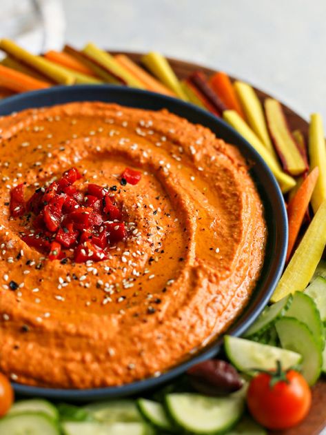 Easy & Healthy Roasted Red Pepper Hummus Recipe | Good Life Eats Bruschetta Recipe Balsamic, Red Pepper Dip Recipe, Roasted Red Pepper Hummus Recipe, Pepper Dip Recipe, Red Pepper Hummus Recipe, Roasted Garbanzo Beans, Homemade Pita Chips, Roasted Red Pepper Dip, Sweet Potato Hummus