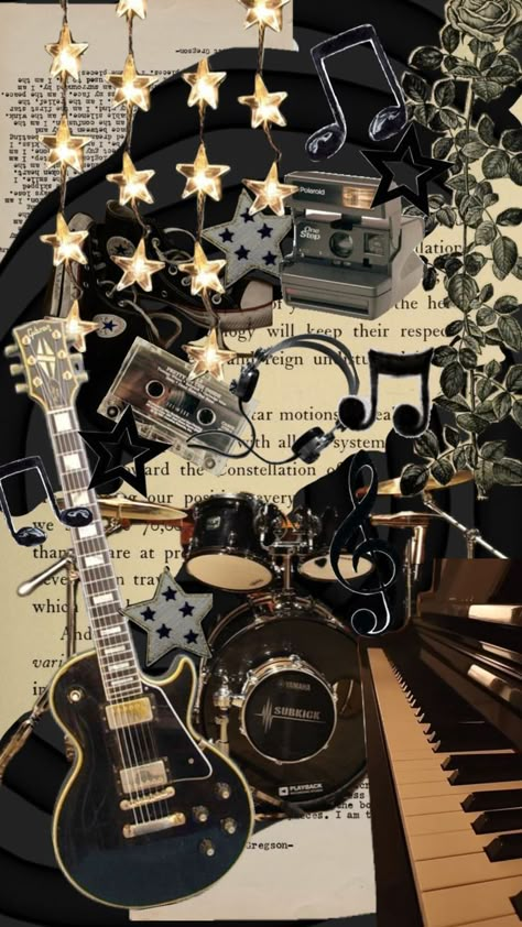 Vintage Wallpaper Music, Drumset Wallpaper, Aesthetic Music Wallpaper Vintage, Aesthetic Piano Wallpaper, Guitar Lockscreen, Grunge Collage Wallpaper, Musicians Wallpaper, Guitar Wallpaper Aesthetic, Drum Aesthetics