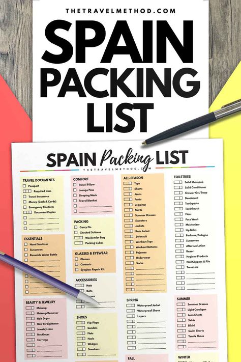 Spain Packing List (with Downloadable PDF Checklist) - The Travel Method Spain Travel Packing List, Madrid Packing List Fall, Spain Packing List Fall, Spain Travel Essentials, Mens Packing List Europe Summer, Spain Packing List Summer, What To Wear In Spain In September, Spain Checklist, Packing List For Spain